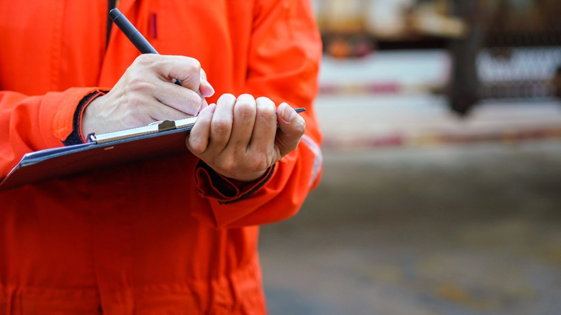 Close-up of a person on a work site writing with a pen on a clipboard.