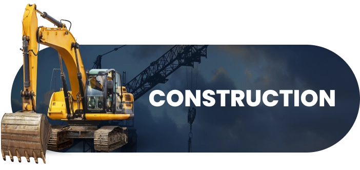 Navy blue graphic element with text reading "Construction" and a construction crane overlayed.