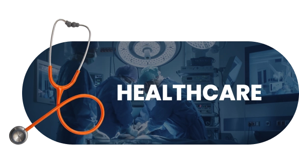 Navy blue graphic element with text reading "Healthcare" and a stethoscope overlayed.