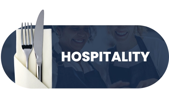 Navy blue graphic element with text reading "Hospitality" and a napkin with silverware overlayed.