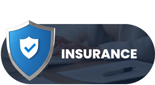 Navy blue graphic element with text reading "Insurance" and a shield overlayed.