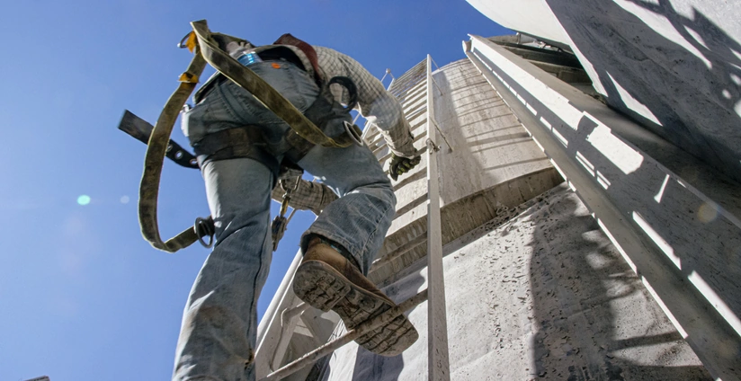 A man in a harness climbs up a ladder onto a tower, pictured from below.